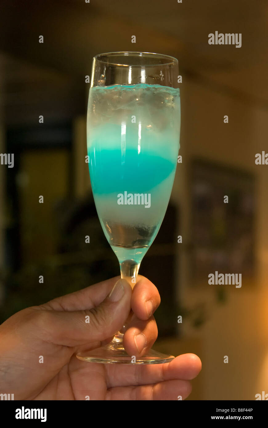 "Iceberg" drink (Sambuaca, vodka and blue curacao), Kapitan Khlebnikov, Ross Sea, Antarctica. Stock Photo