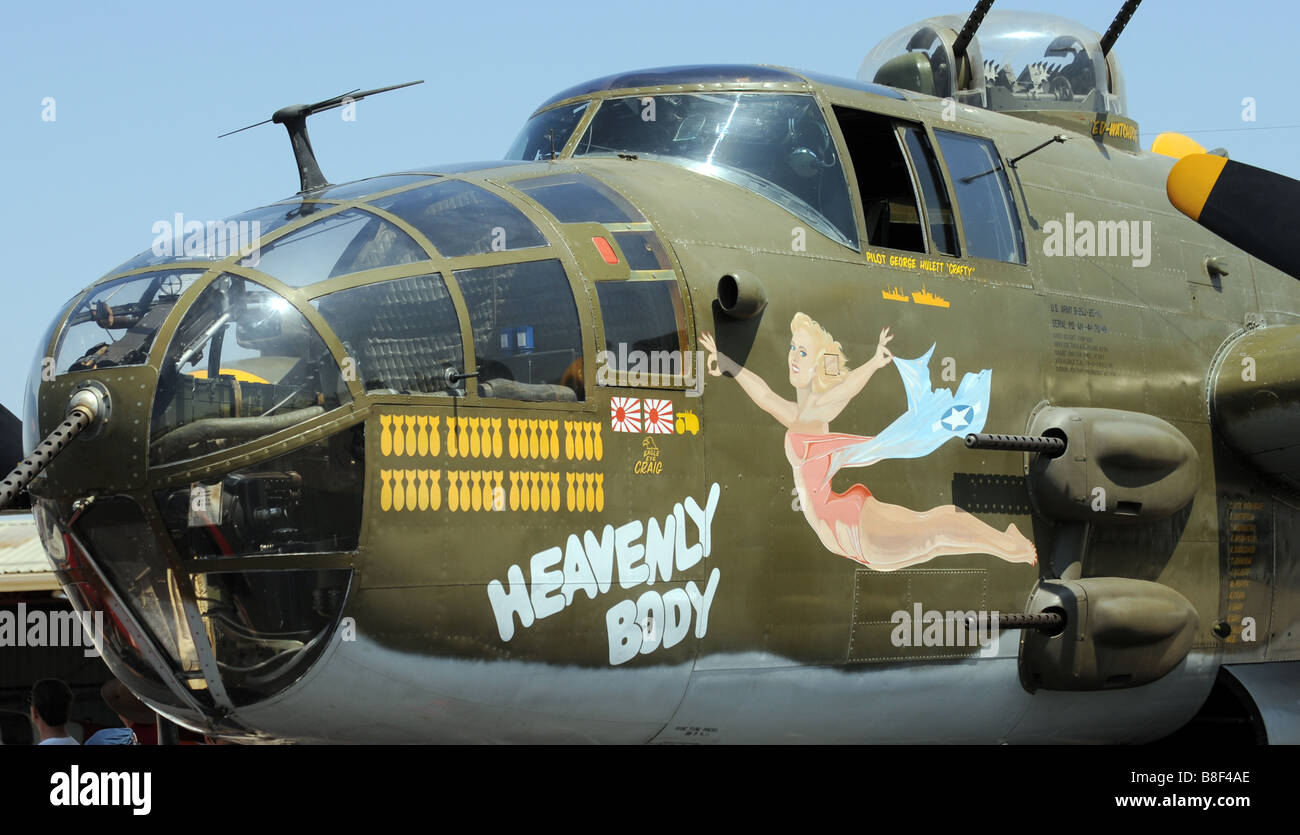 North American B-25 Mitchell twin-engined medium bomber with Nose art 'Heavenly Body' prepares to take-off. Stock Photo