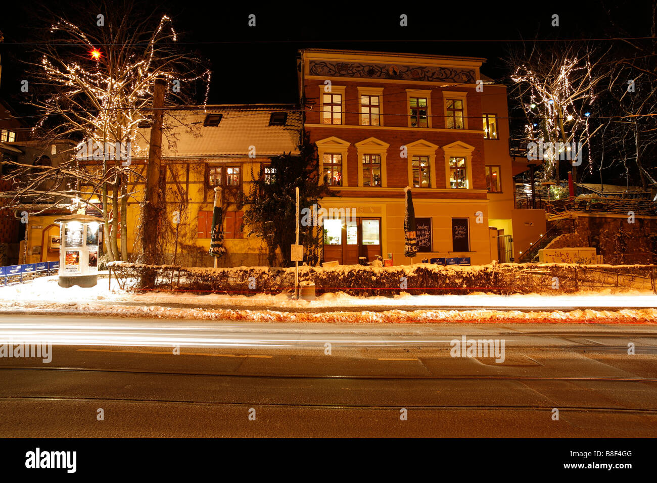 illuminated pub in Halle (Saale) Stock Photo