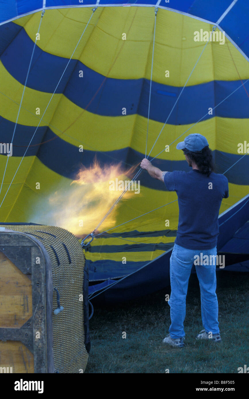 Hot Air Balloon Being Inflated with Burners On London Ontario Balloon Fiesta Stock Photo