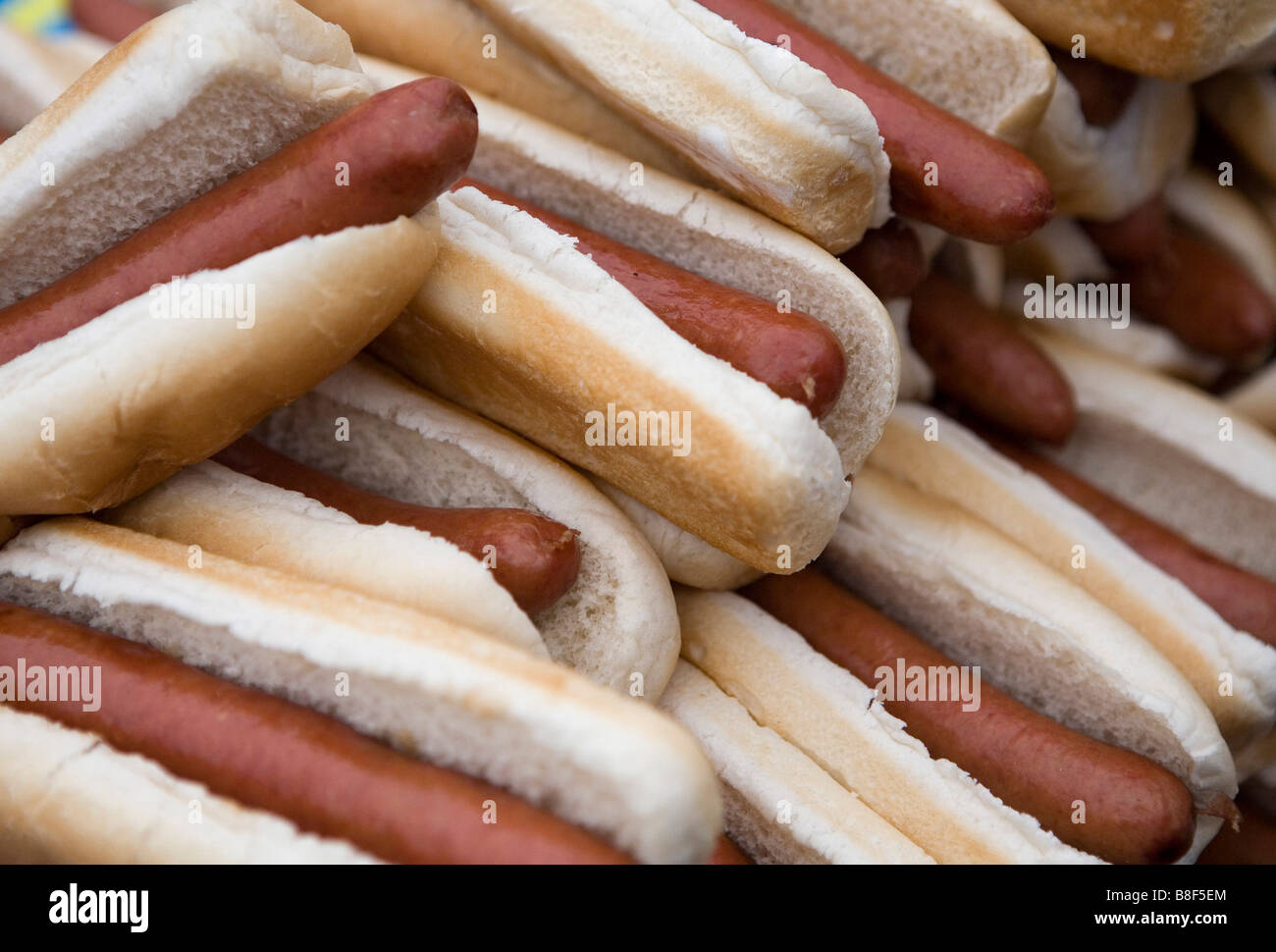 A pile of cooked hot dogs in buns. Stock Photo