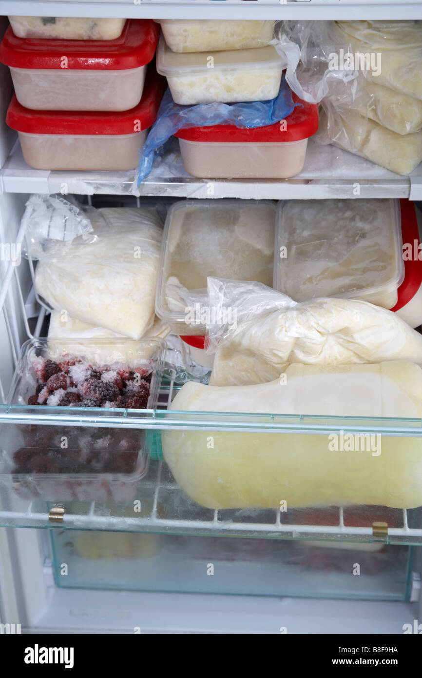 small home freezer full of containers with home cooked preprepared single meal portions including soups mashed potato frozen Stock Photo