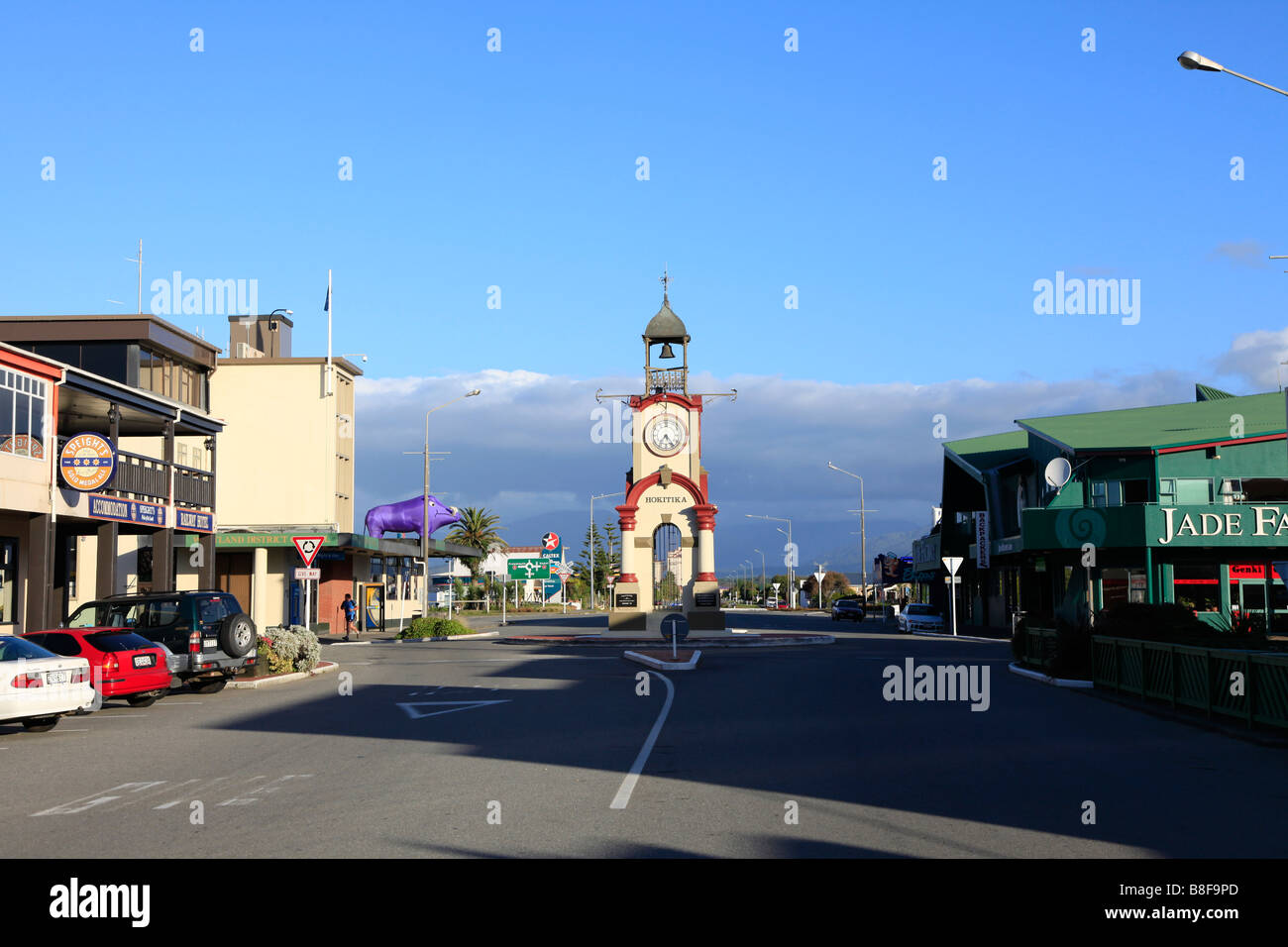 War Memorial clock tower and jade factory, Hokitika, West Coast,South Island,New Zealand Stock Photo