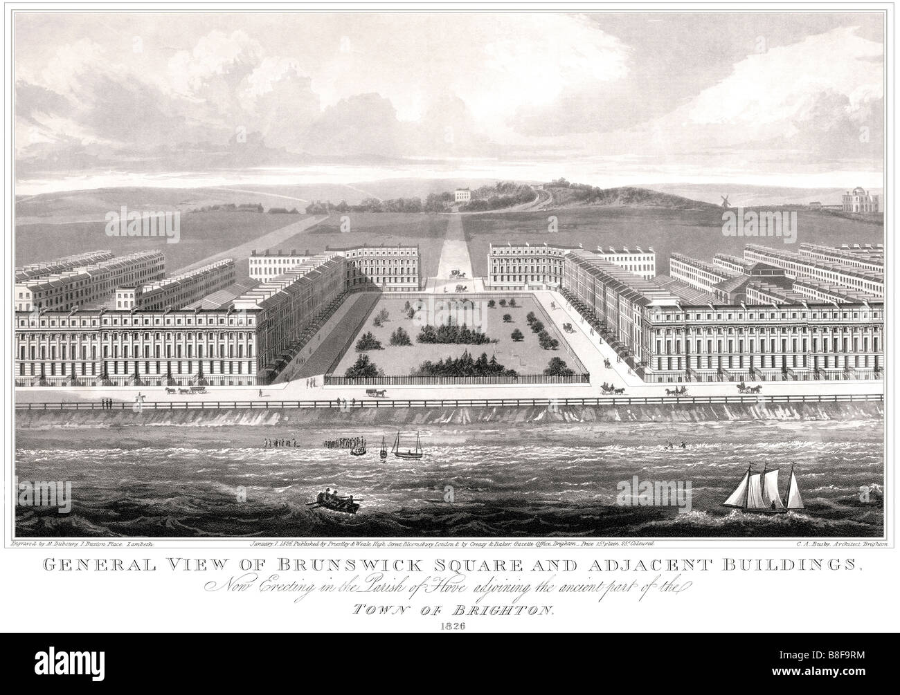 Original engraving of Brunswick Square and Terrace, Hove. 1826. Regency
