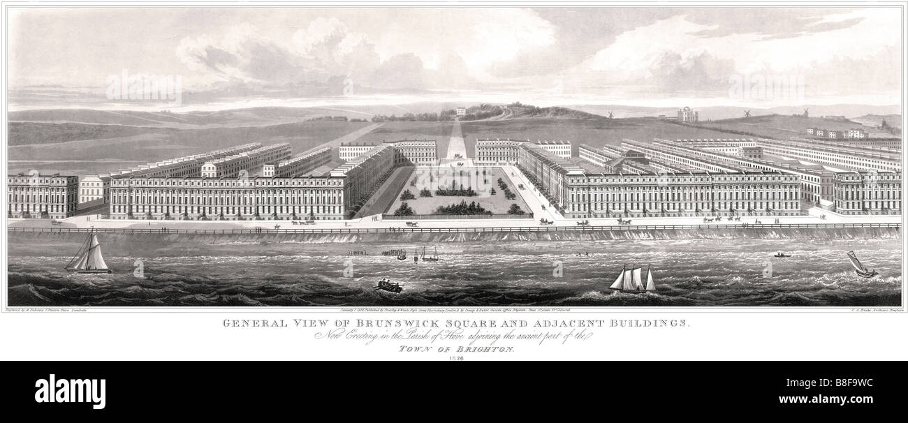 Original engraving of Brunswick Square and Terrace, Hove. 1826. Panoramic. Regency architecture. Brighton and Hove Stock Photo