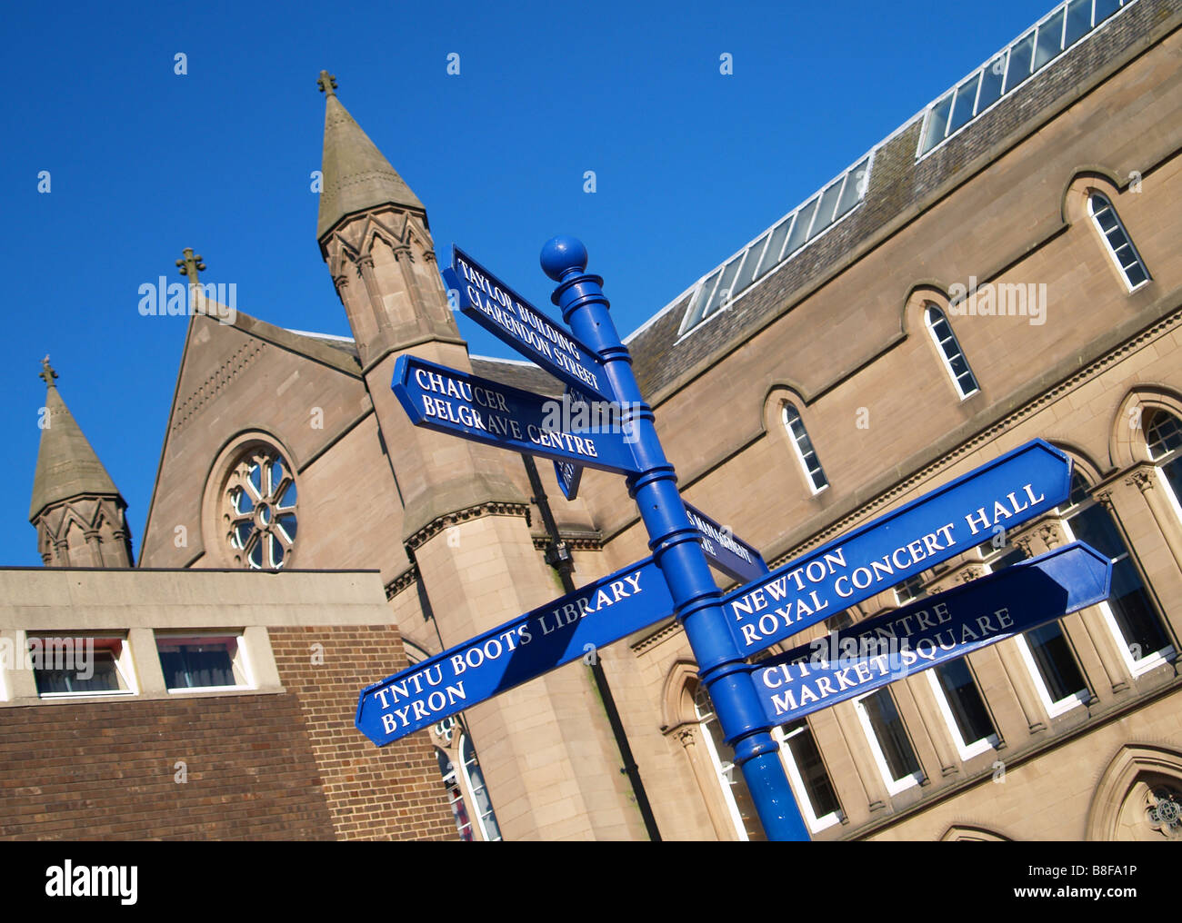 Bright blue signs offering directions in Nottingham City Centre, East