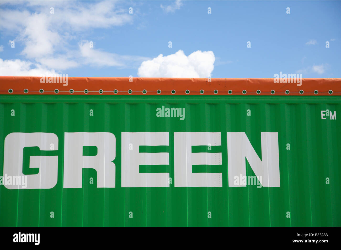Single word green on a green shipping container Stock Photo