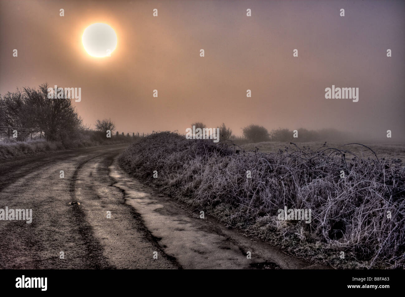 Winter Solstice. Sunrise on a frosty morning at -4 degress celcius across an RSPB nature reserve. Stock Photo