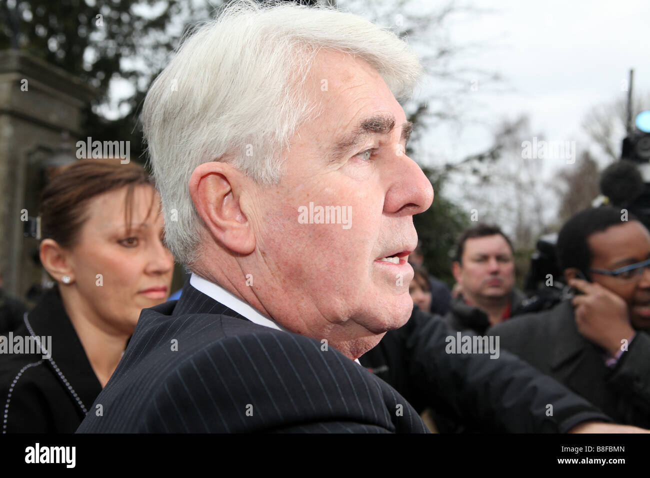 The P.R agent max clifford talking to the press outside of downs hall country hotel near hatfield health. He is informing the Stock Photo