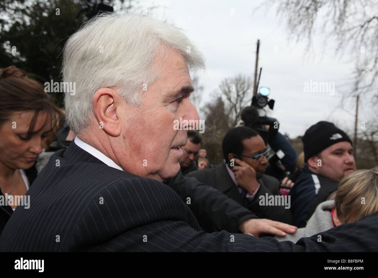The P.R agent max clifford talking to the press outside of downs hall country hotel near hatfield health. He is informing the Stock Photo