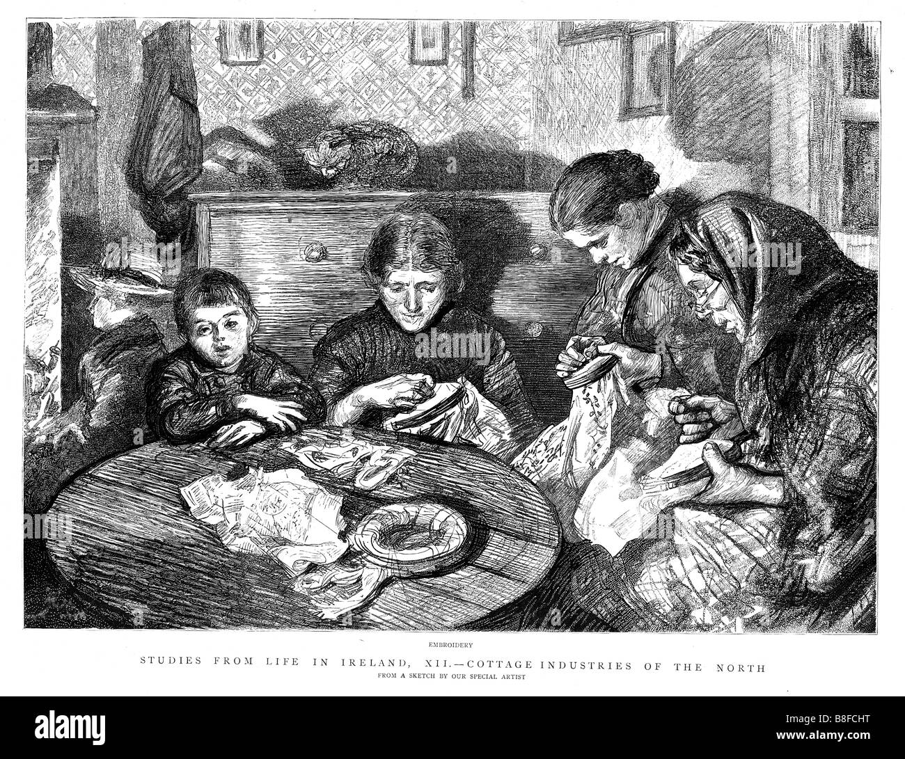 Irish Embroidery 1888 engraving of a cottage industry in the North of Ireland Stock Photo