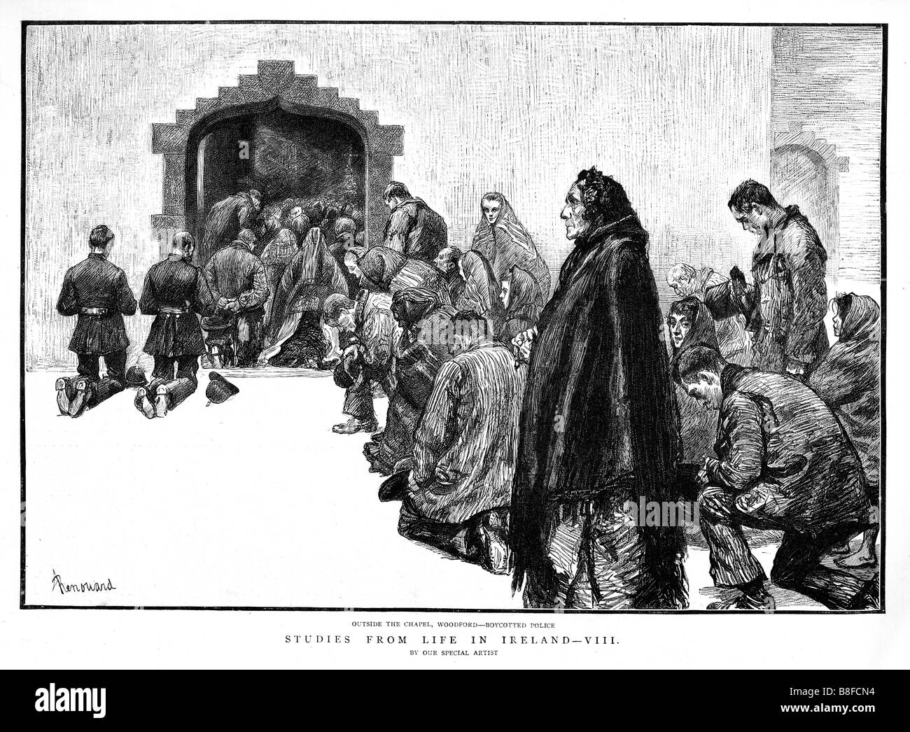 Boycotted Police outside the Church 1888 engraving of life in Ireland with policemen worshipping outside Stock Photo