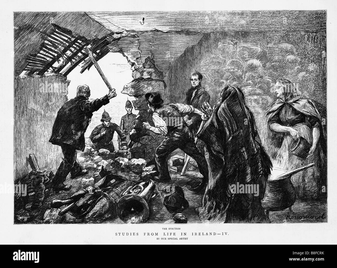 Irish Eviction 1888 engraving of life in Ireland with the eviction of peasant farmers by the police Stock Photo
