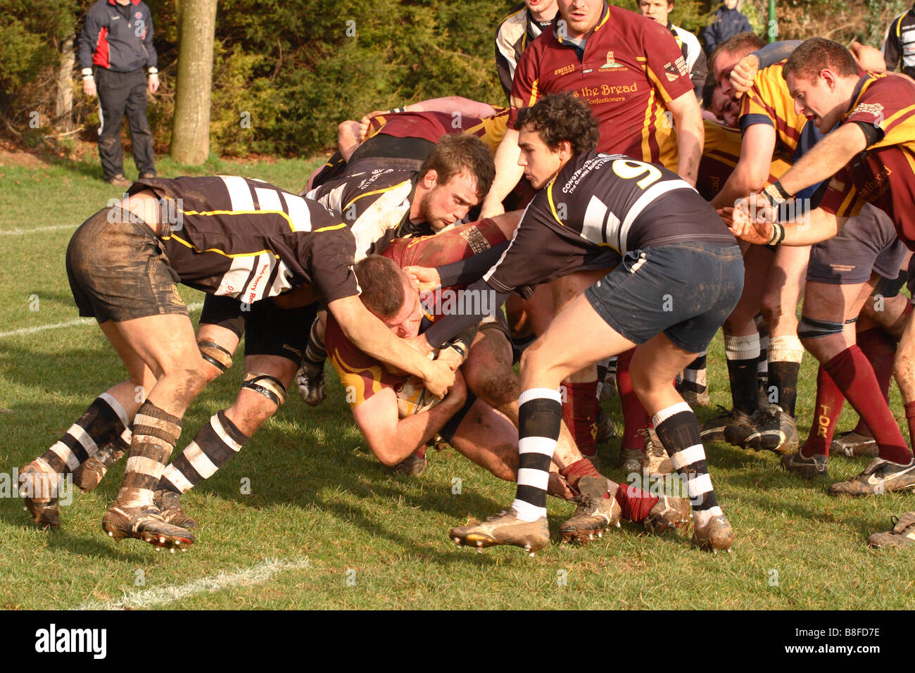 Sport rugby game match desperate tackle by the defence just in front of their own try line Stock Photo