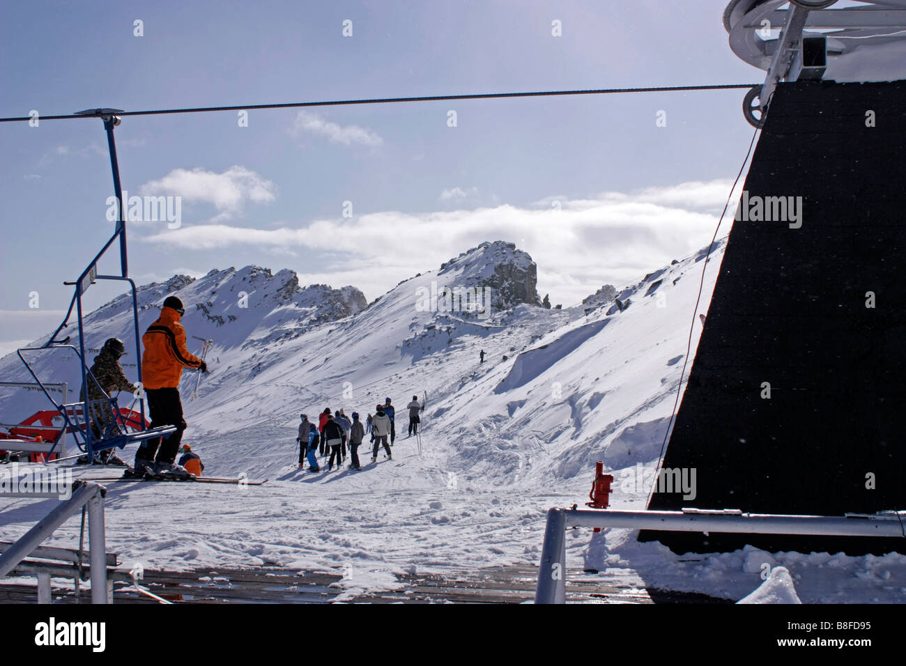 Skiers on ski lift High Tatras Skalnate pleso, Slovakia Stock Photo
