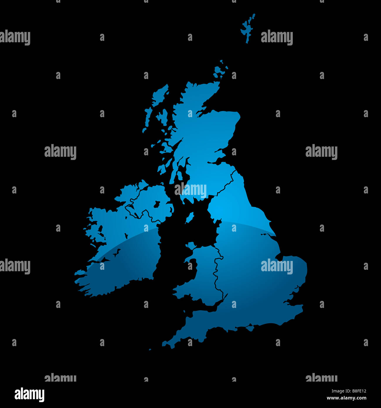 Blue map of the uk divided in two with a shadow and black background Stock Photo