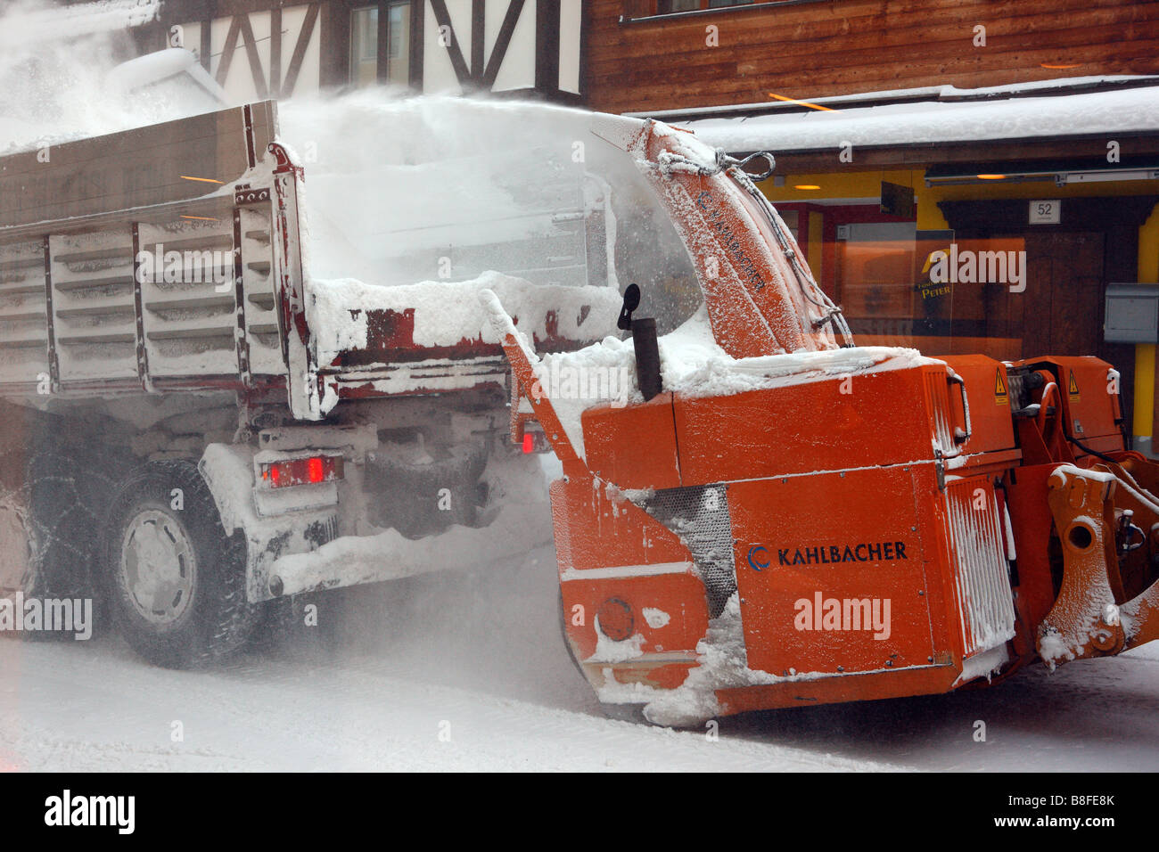 Snow scenes in busy alpine ski resort of Saint Anton, Austria. Stock Photo