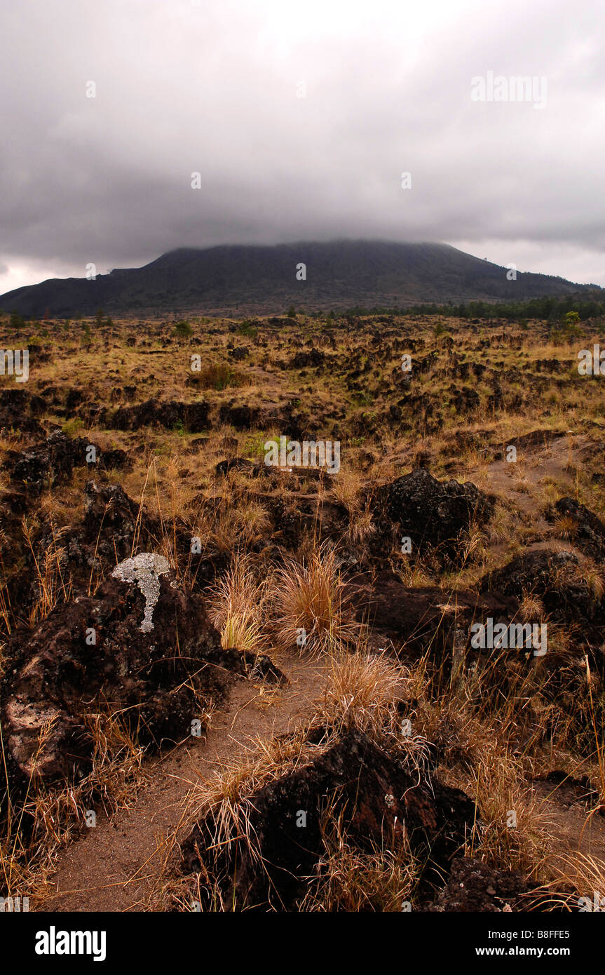 Solidity lava,background is live Batur valcano,Bali.Indonesia. Stock Photo