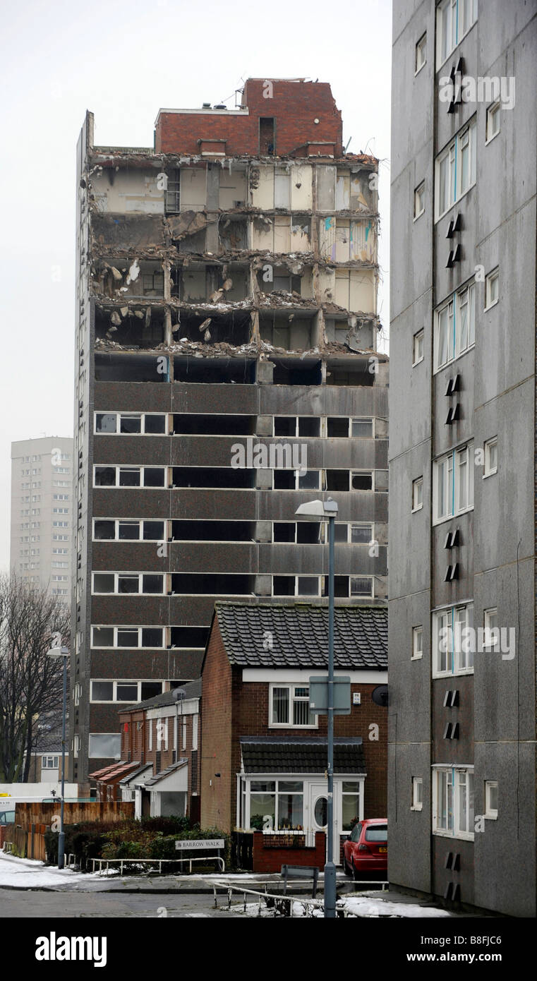 Demolition of 1960's high rise tower block of flats in the inner city area of Highgate, Birmingham. Stock Photo