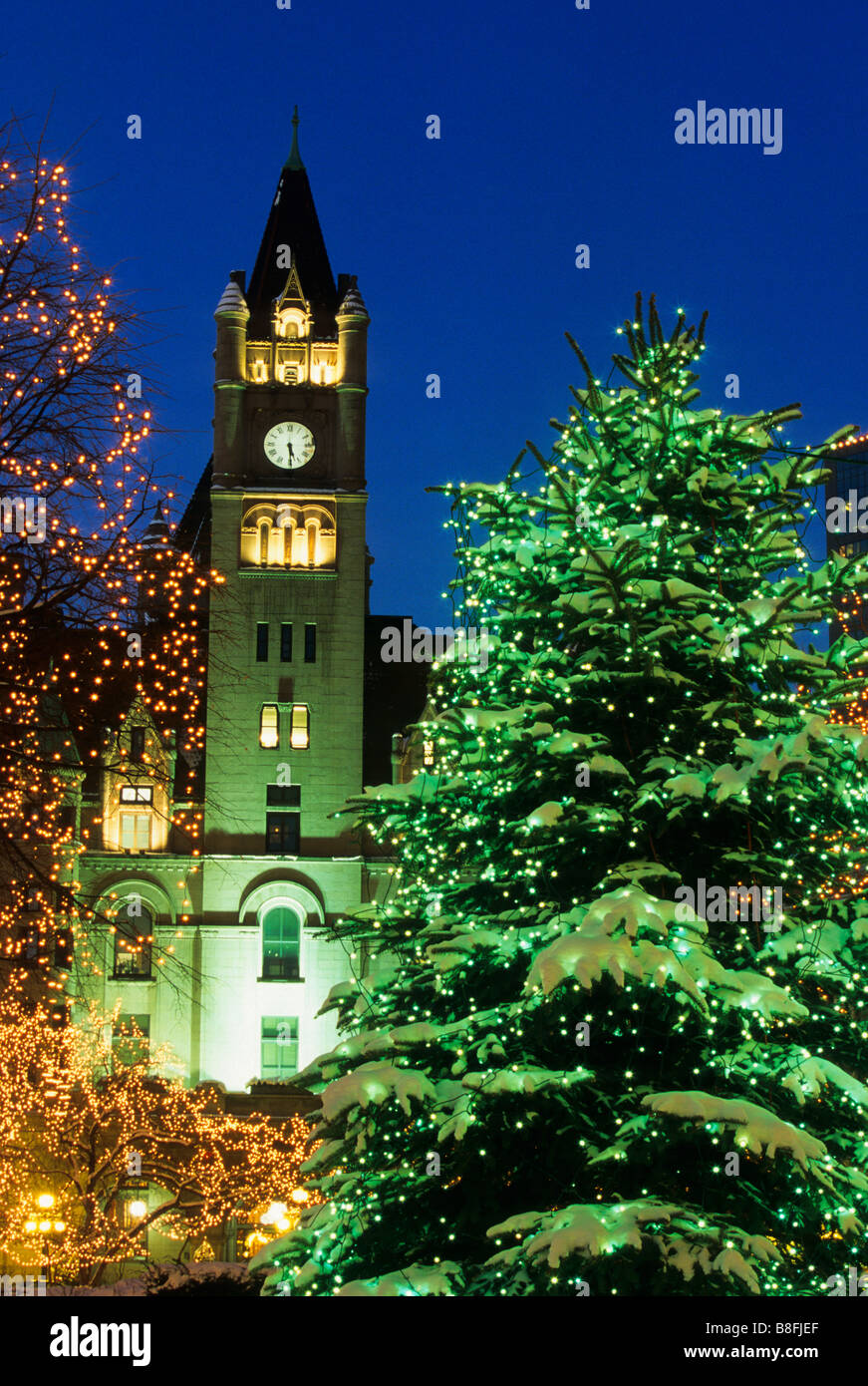 CLOCK TOWER OF HISTORIC LANDMARK CENTER AND TREES LIGHTED FOR THE