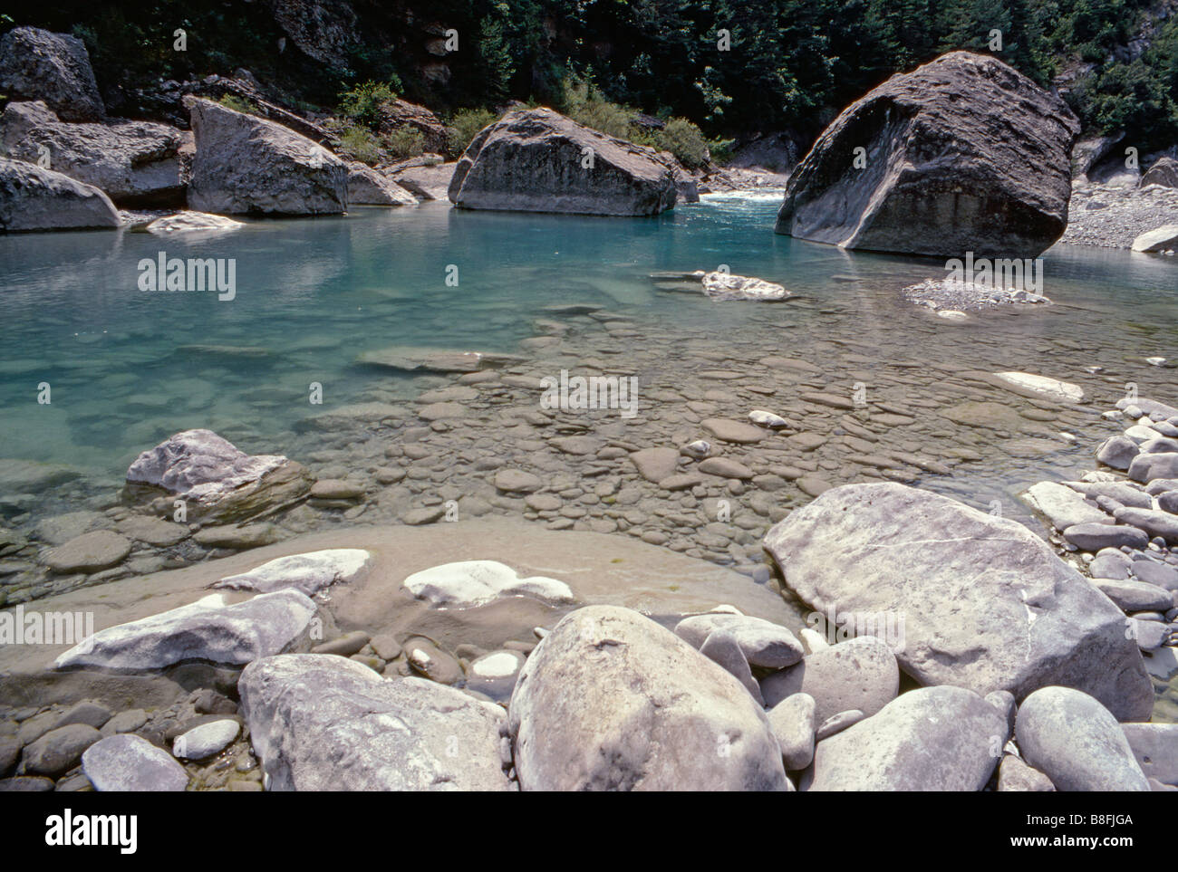 A rock pool in the River Ara gorge between Boltana and Ainsa in the foothills of the Aragonese Pyrenees north east Spain Stock Photo