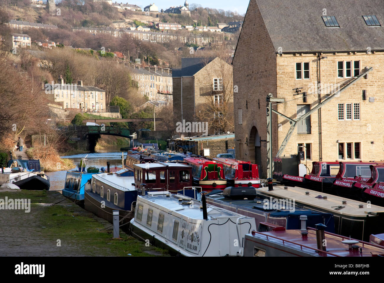 Narrow boats in Sowerby Bridge Wharfe, Rochdale Canal, near Halifax