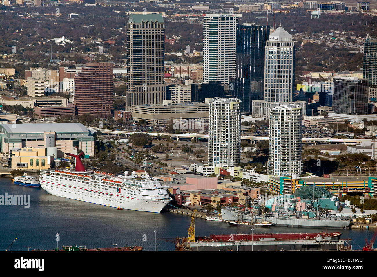 aerial view above cruise terminal Port of Tampa Florida Stock Photo