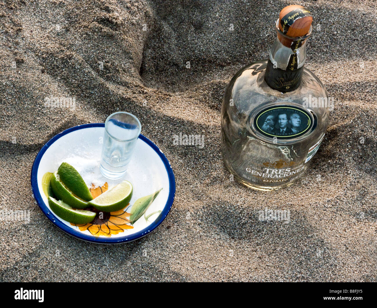 empty tequila bottle & colorful colourful ceramic plate with empty shot
