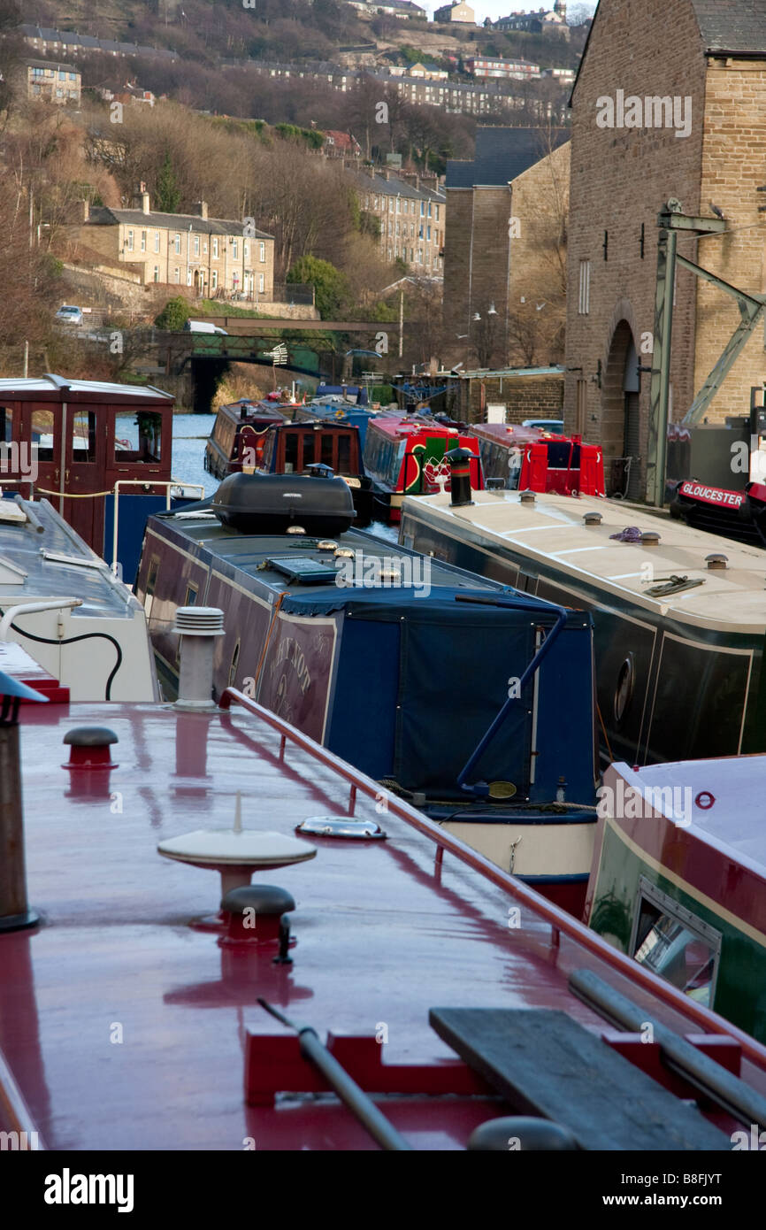 Narrow boats in Sowerby Bridge Wharfe, Rochdale Canal, near Halifax