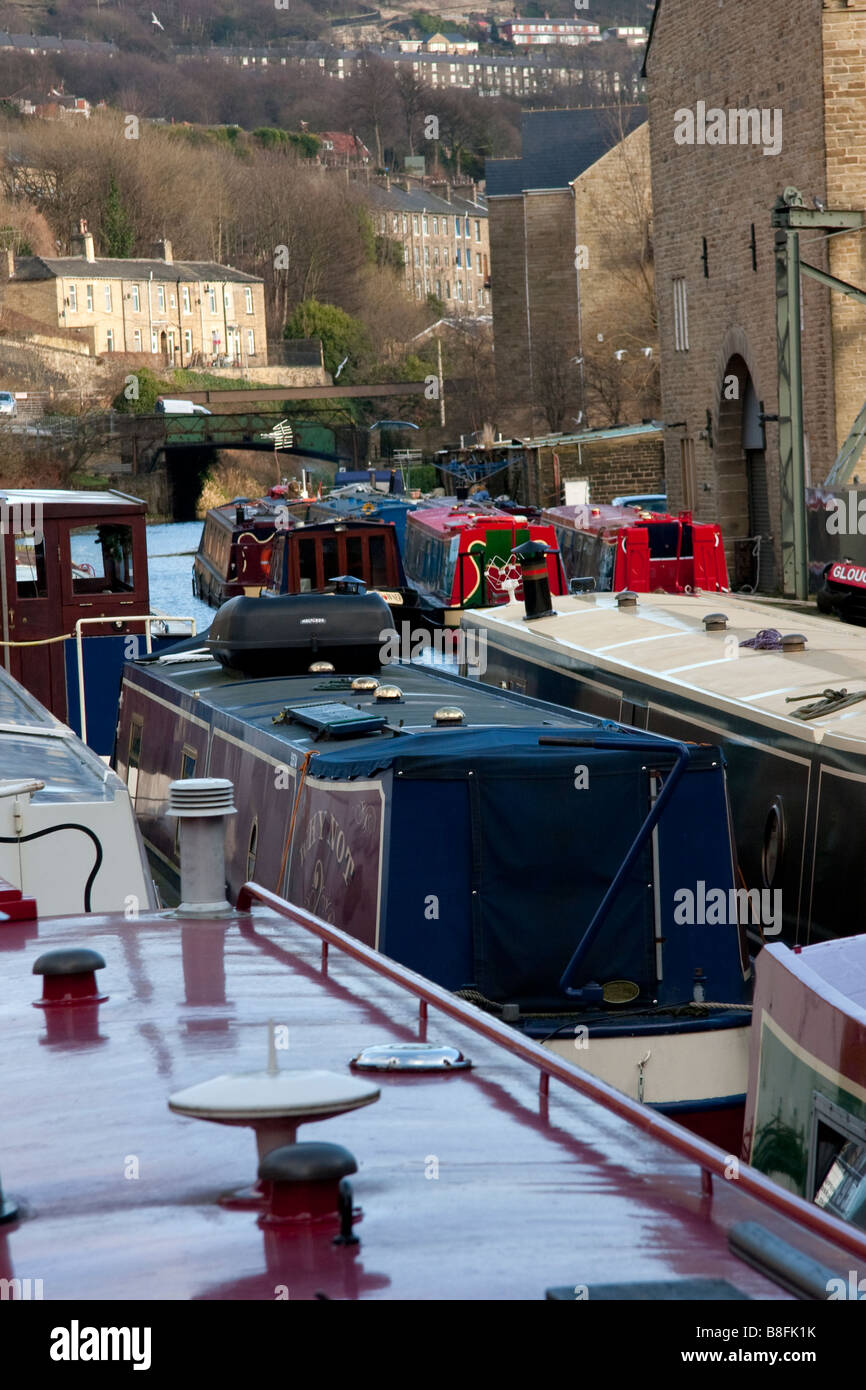 Narrow boats in Sowerby Bridge Wharfe, Rochdale Canal, near Halifax