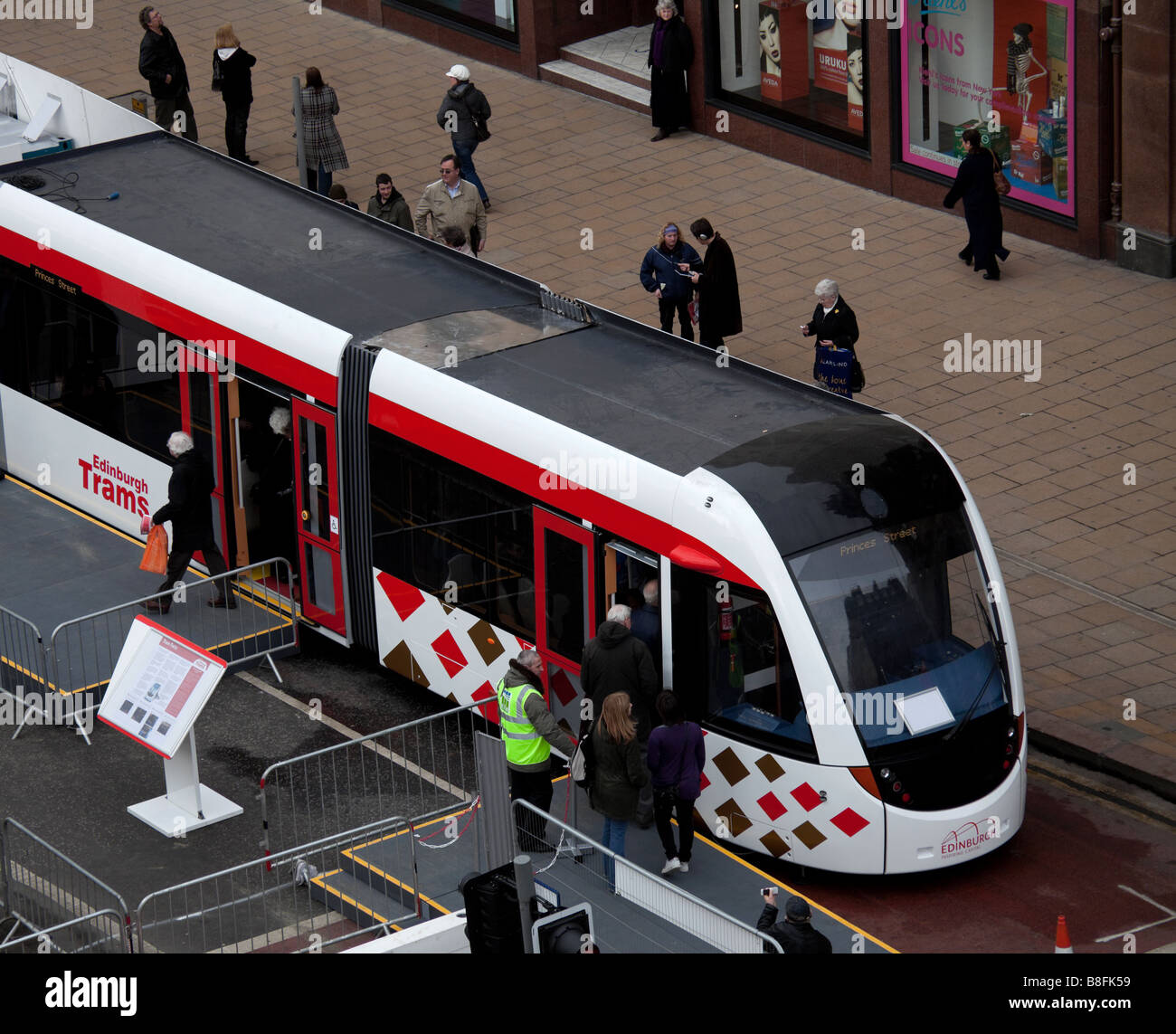 Edinburgh Trams display model in Princes Street to allow members of the public to experience the proposed transport for 2011 Stock Photo