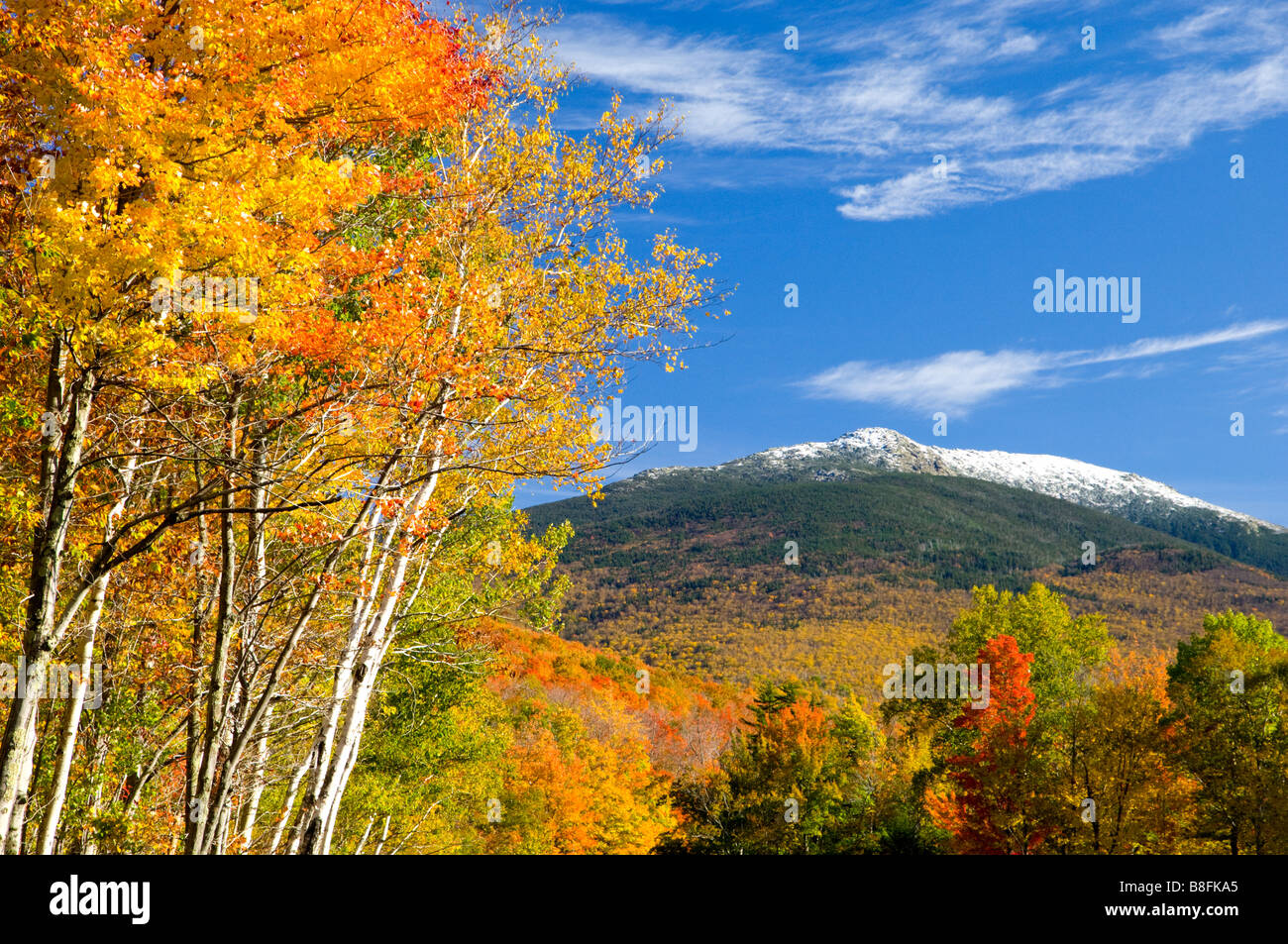Fall foliage color with snow on Mount Lafayette and the roadways