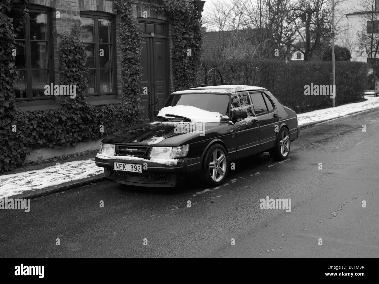 Parked SAAB 99 in Helsingborg, Sweden. Picture taken during their big crisis in February 2009.  FOR EDITORIAL USE ONLY. Stock Photo