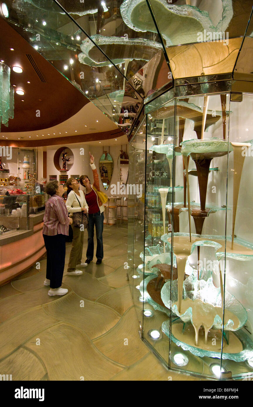 The biggest chocolate fountain in the world inside the Famous Jean Philippe french pastry shop in the Bellagio Hotel Las Vegas Stock Photo