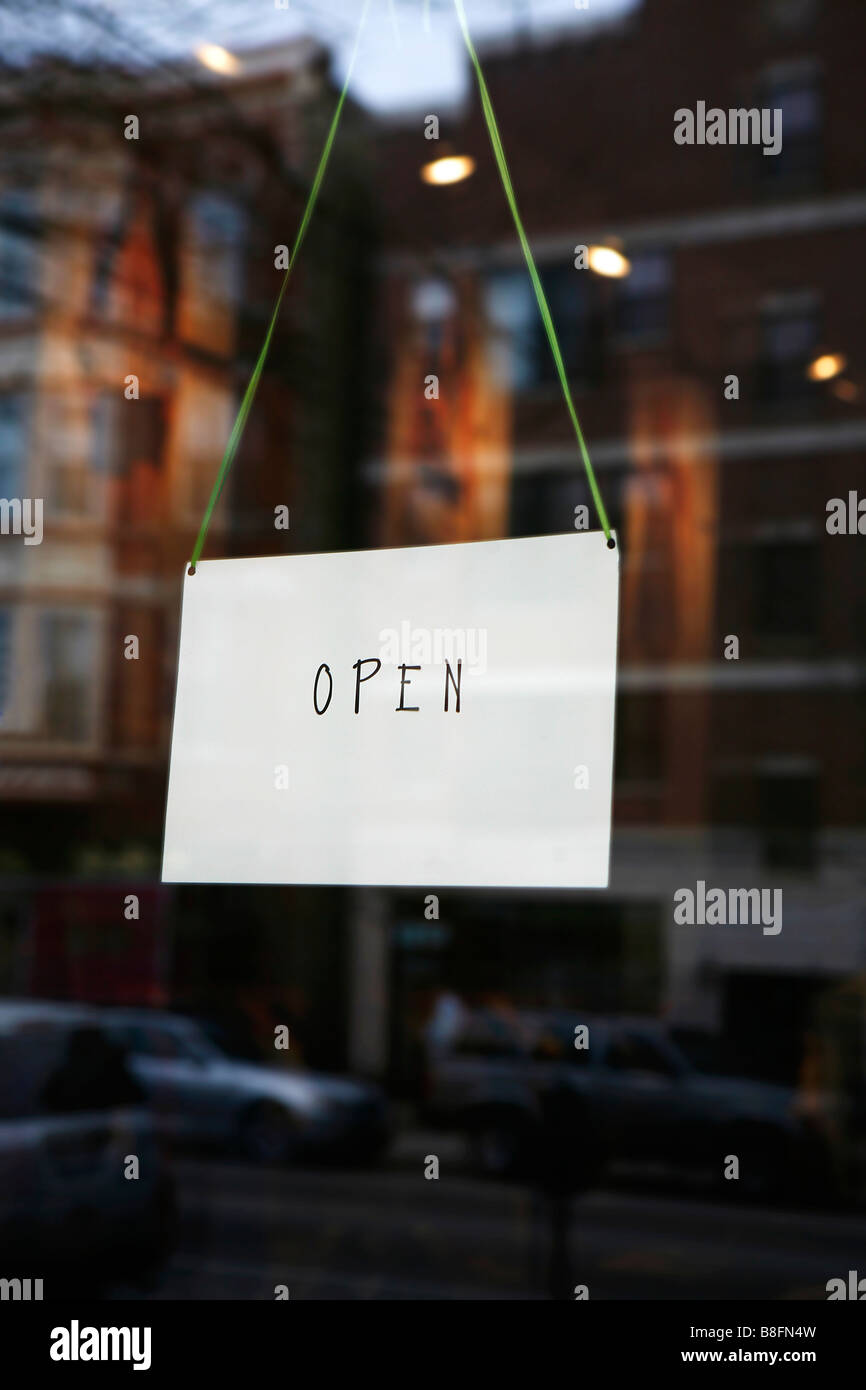 open sign on small business door Stock Photo