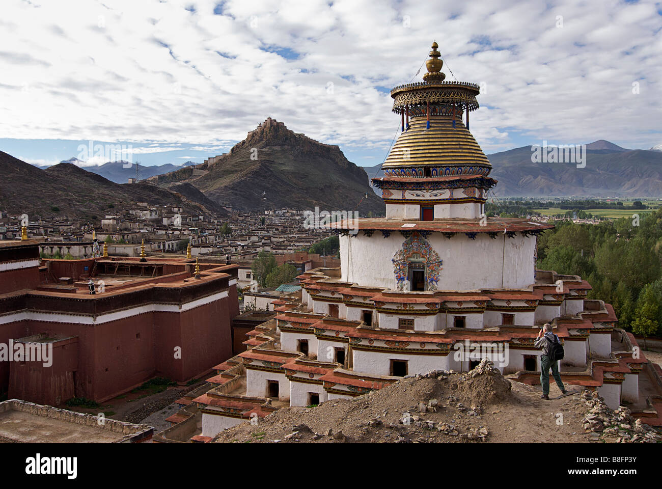 Western photographer composing a photograph of Kumbum Pelkor Chöde monastery buildings, Gyantse, Tibet Stock Photo