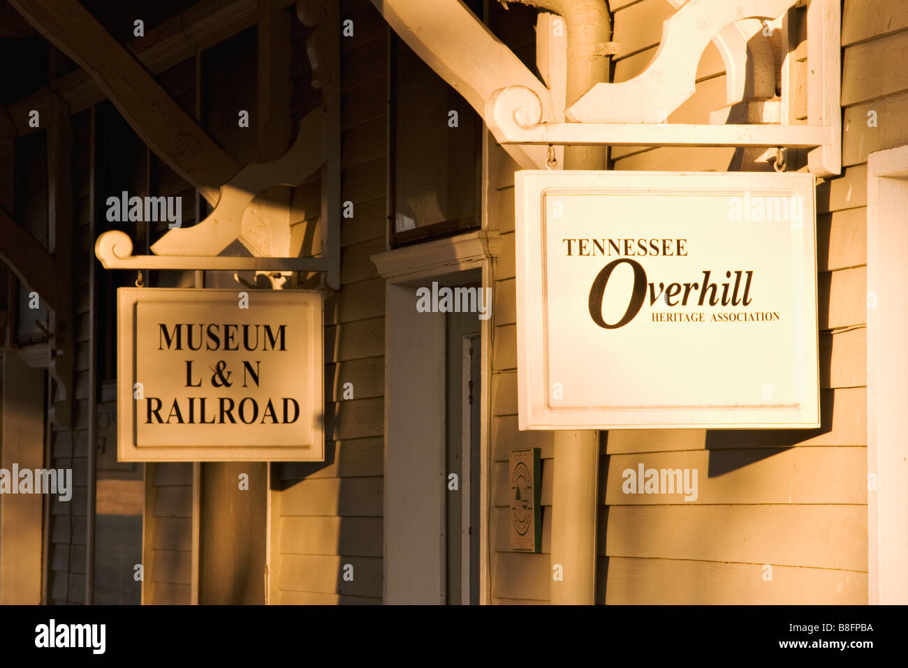 Signs hanging on the front of the historic Etowah Depot in East