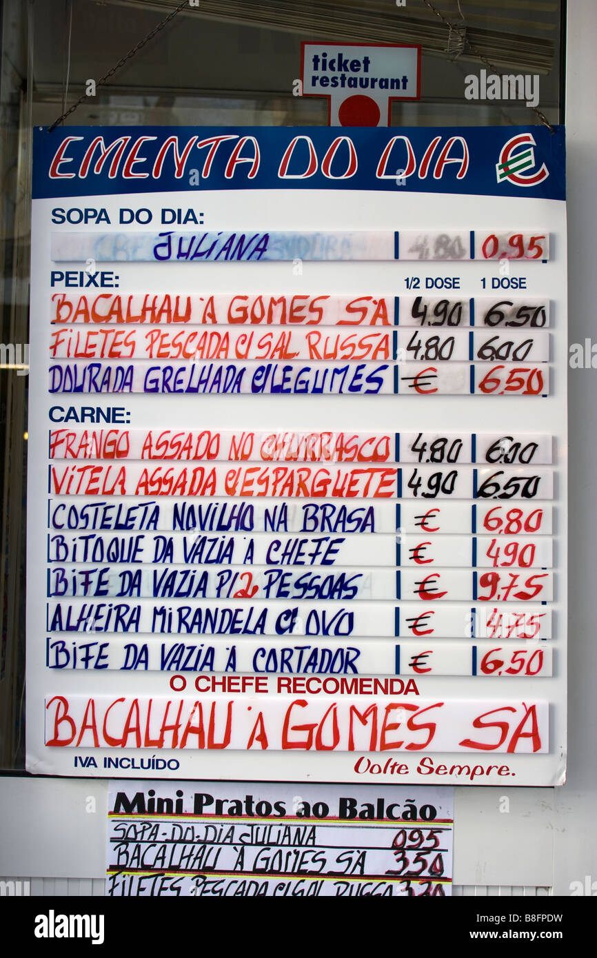 Restaurant Menu Lisbon Portugal Stock Photo