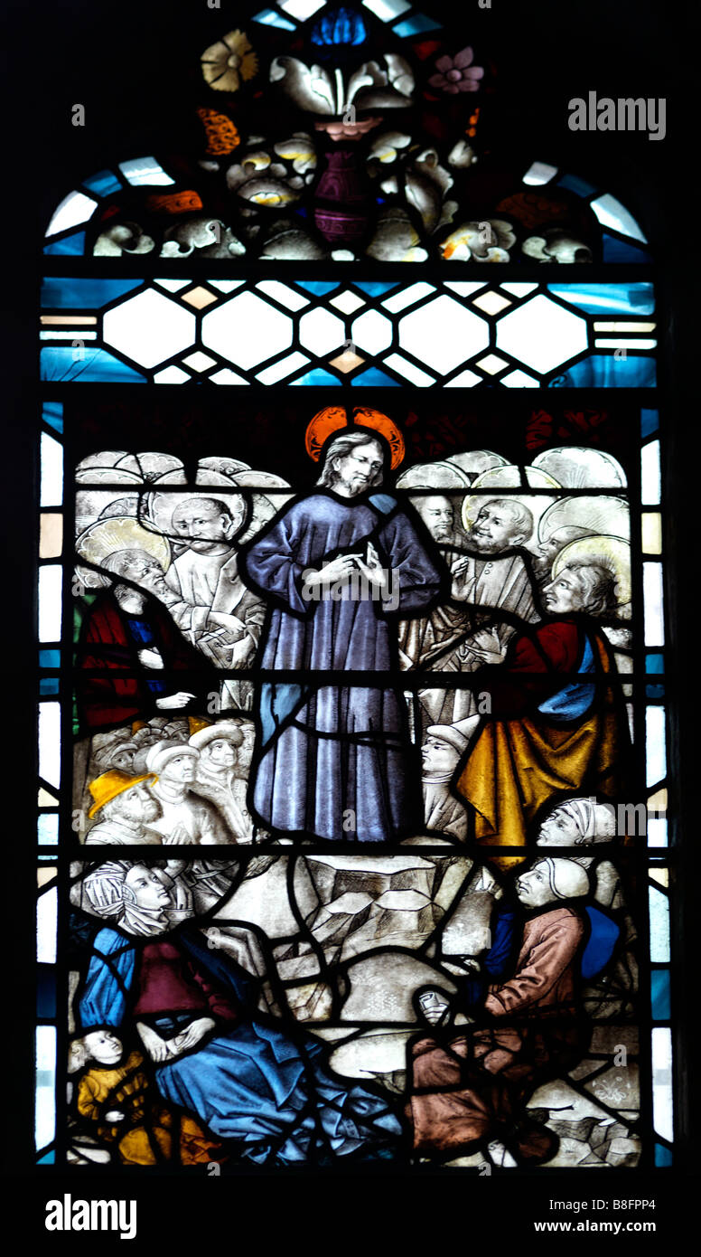 Fifteenth Century Flemish Stained Glass Window of the Sermon on the Mount Saint Nicholas Church Great Bookham Surrey Stock Photo