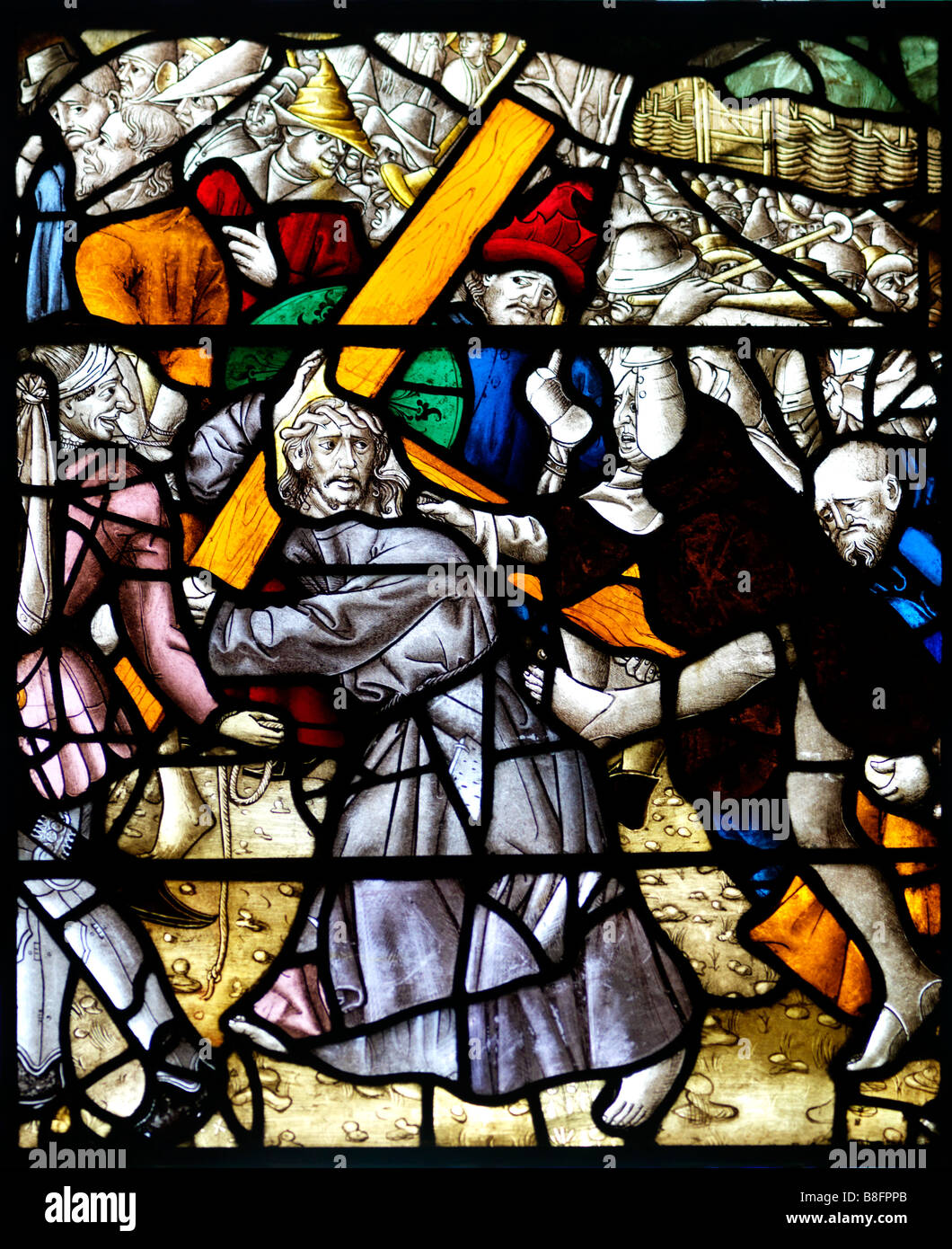 Fifteenth Century Flemish Stained Glass Window of the Procession to Calvary Saint Nicholas Church Great Bookham Surrey Stock Photo