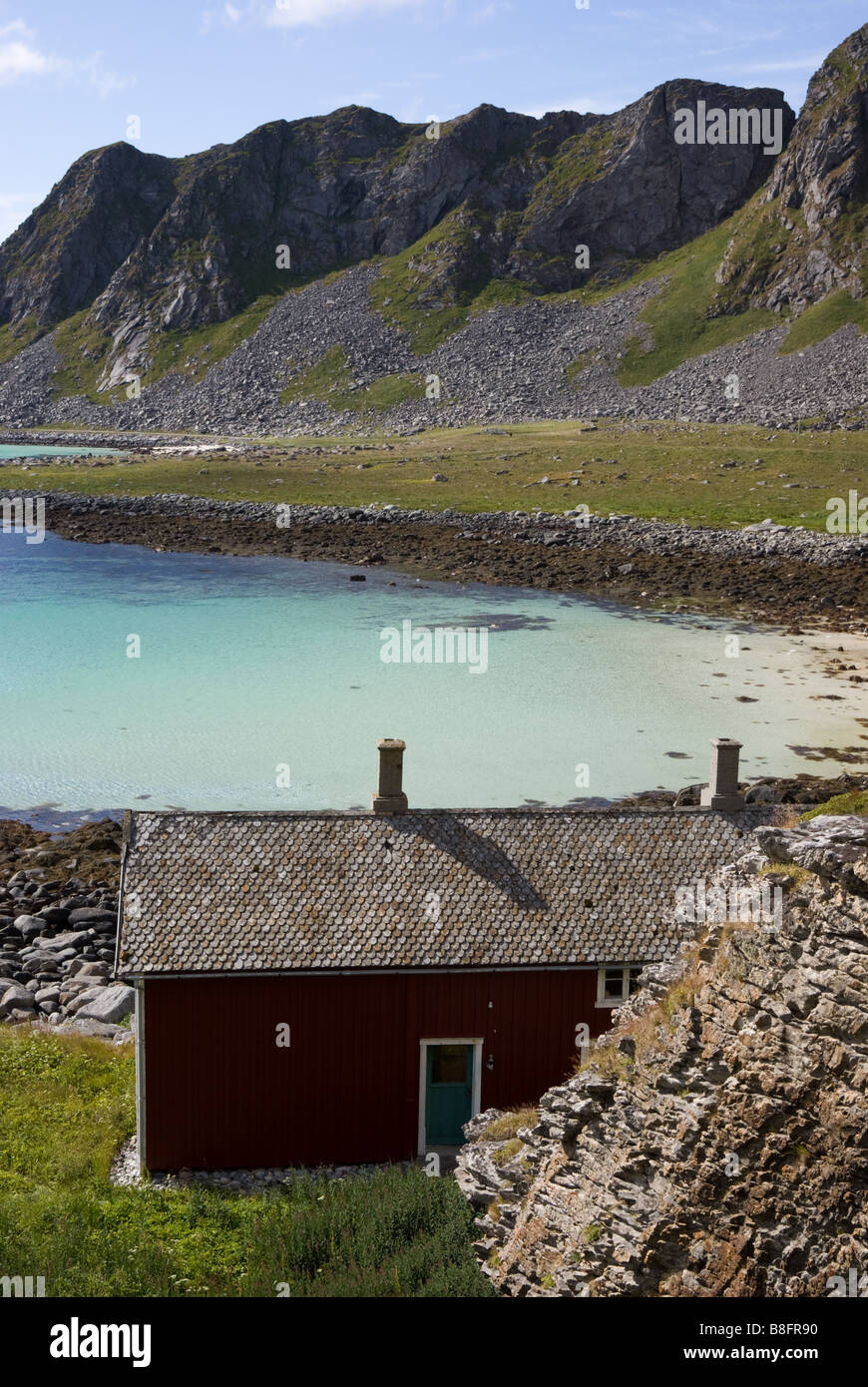 Bay halfway from Sørland to Nordland, Værøy, Lofoten, Nordland, Norway, Scandinavia Stock Photo