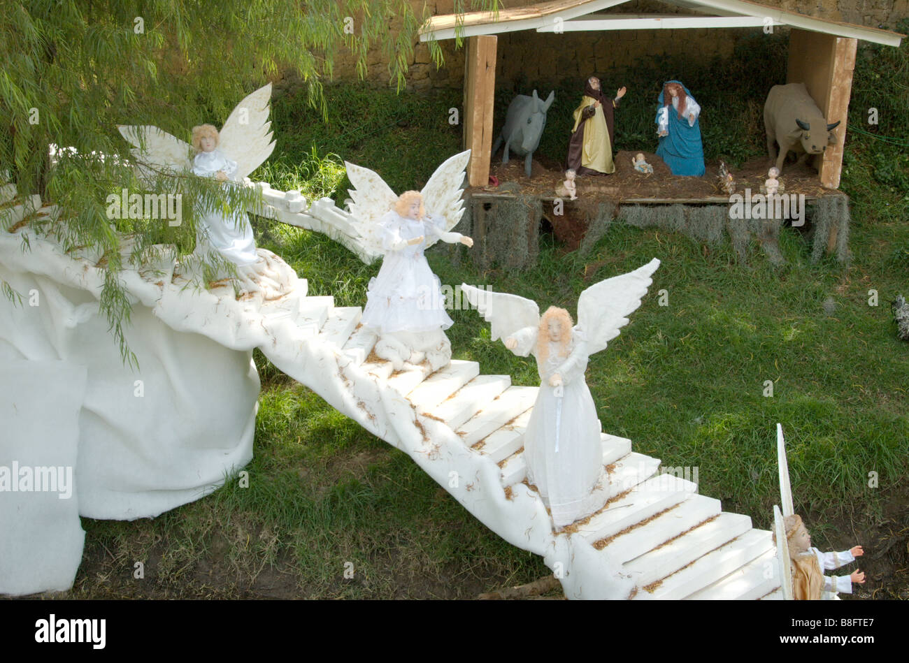 Colombian folk art of three angels and a nativity scene in the town of