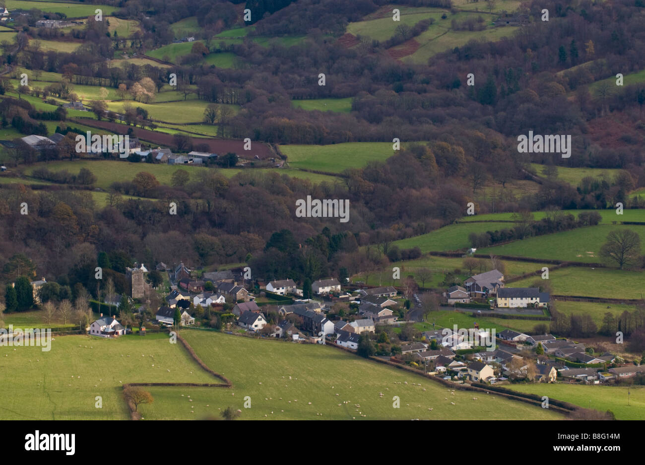 View over village of Llanbedr in the Vale of Grwyney Powys Wales UK Stock Photo