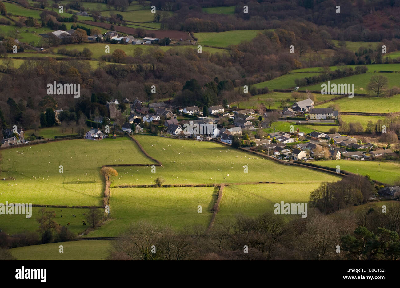 View over village of Llanbedr in the Vale of Grwyney Powys Wales UK Stock Photo