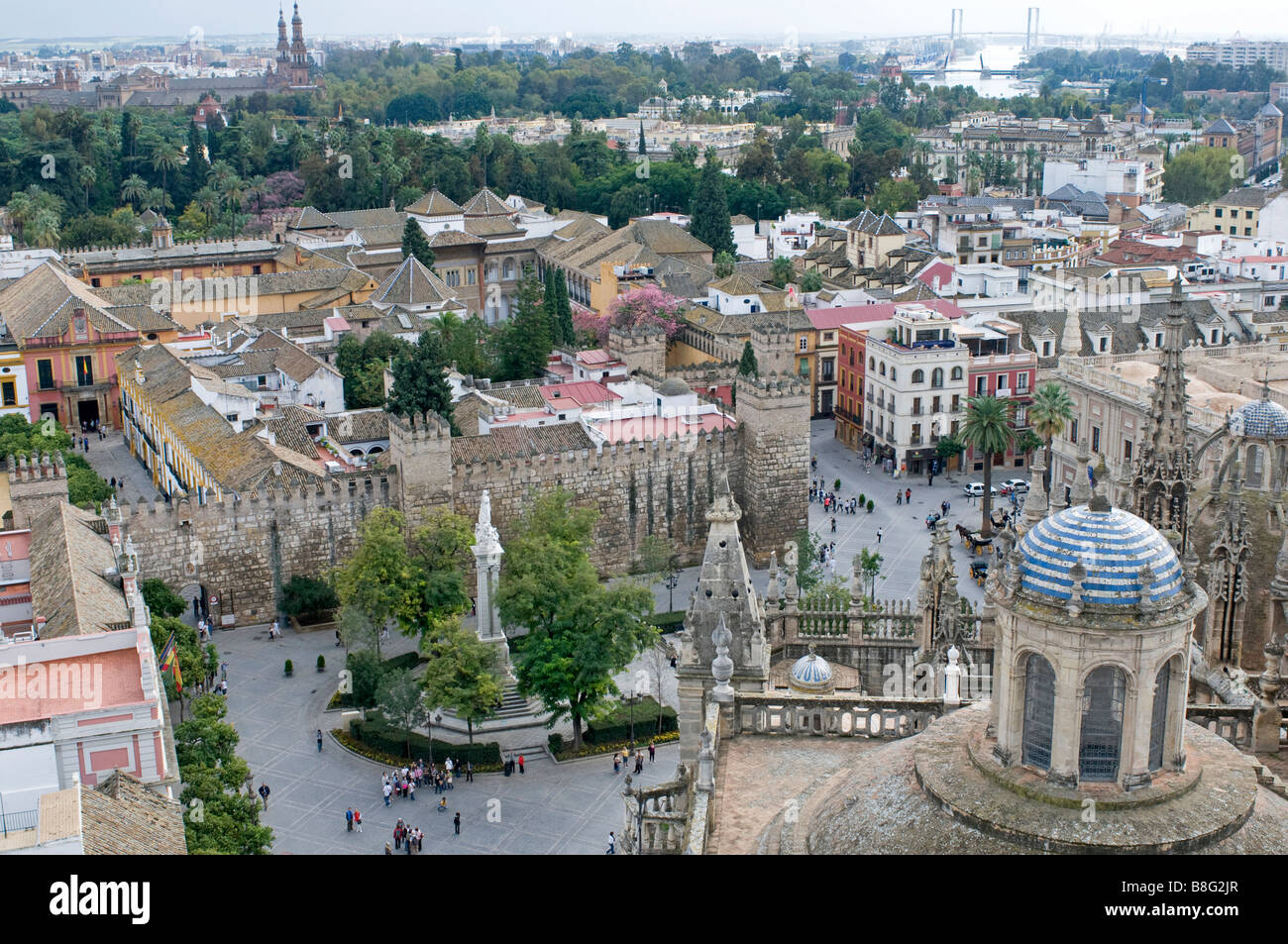SEVILLE, SPAIN: An aerial view of the city's old square seen from La Giralda, a huge tower that is part of the ancient cathedral Stock Photo