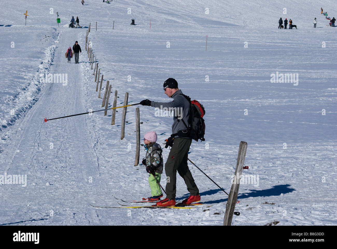 Man and child cross country skiing on a bright sunny winter's day in