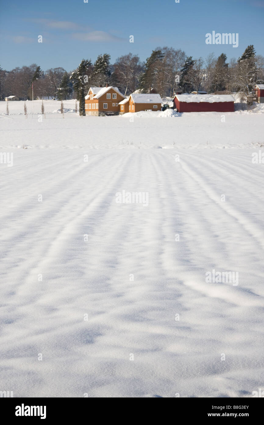 Snow covered traditional Norwegian Houses Skien Telemark Norway Stock