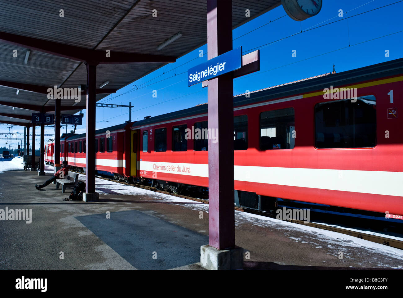 Train of the Chemins de fer du Jura in the station at Saignelegier Switzerland. Charles Lupica Stock Photo