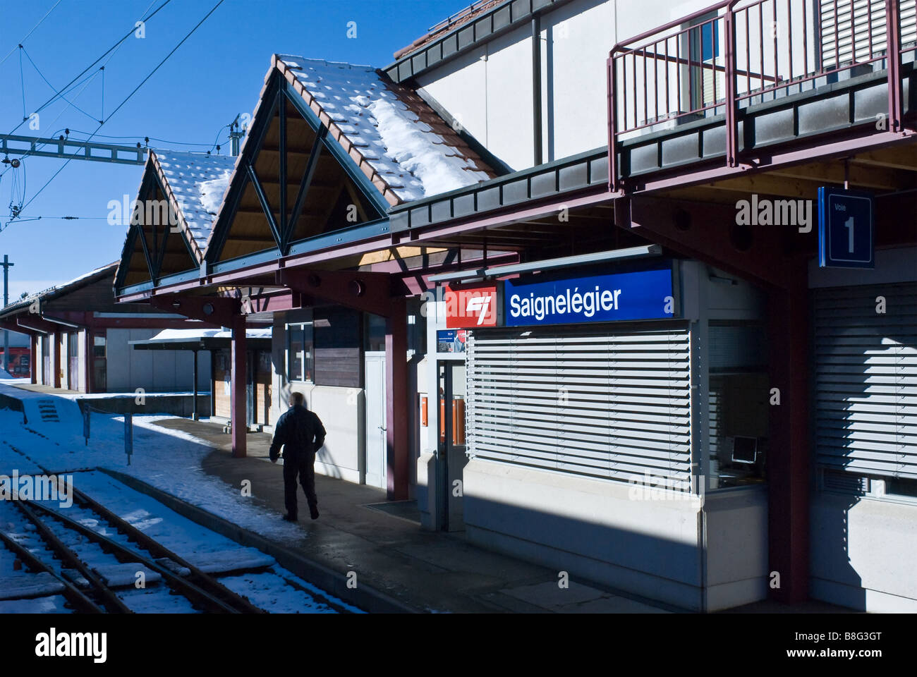 Saignelegier train station for the Chemins de fer du Jura Saignelegier Switzerland. Charles Lupica Stock Photo