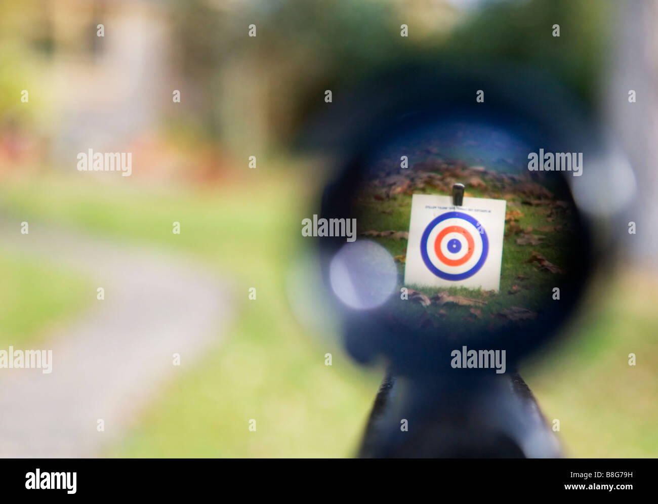 Taking aim. Target in sight. View of a target down the scope of an air rifle. Stock Photo